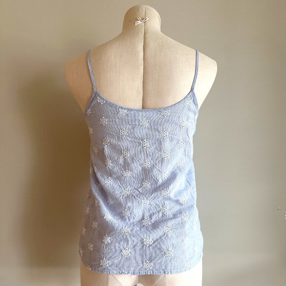 Light Blue Tank Top Womens Size 4 Pin Striped White Floral Ruffle - Picture 2 of 5